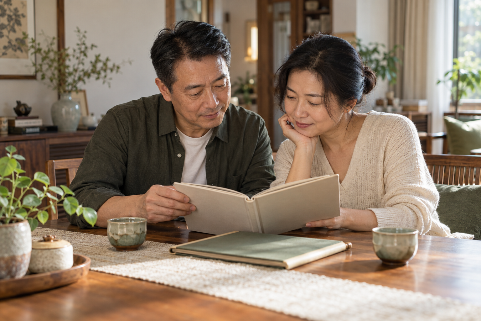一对伴侣在家中一起翻阅相册